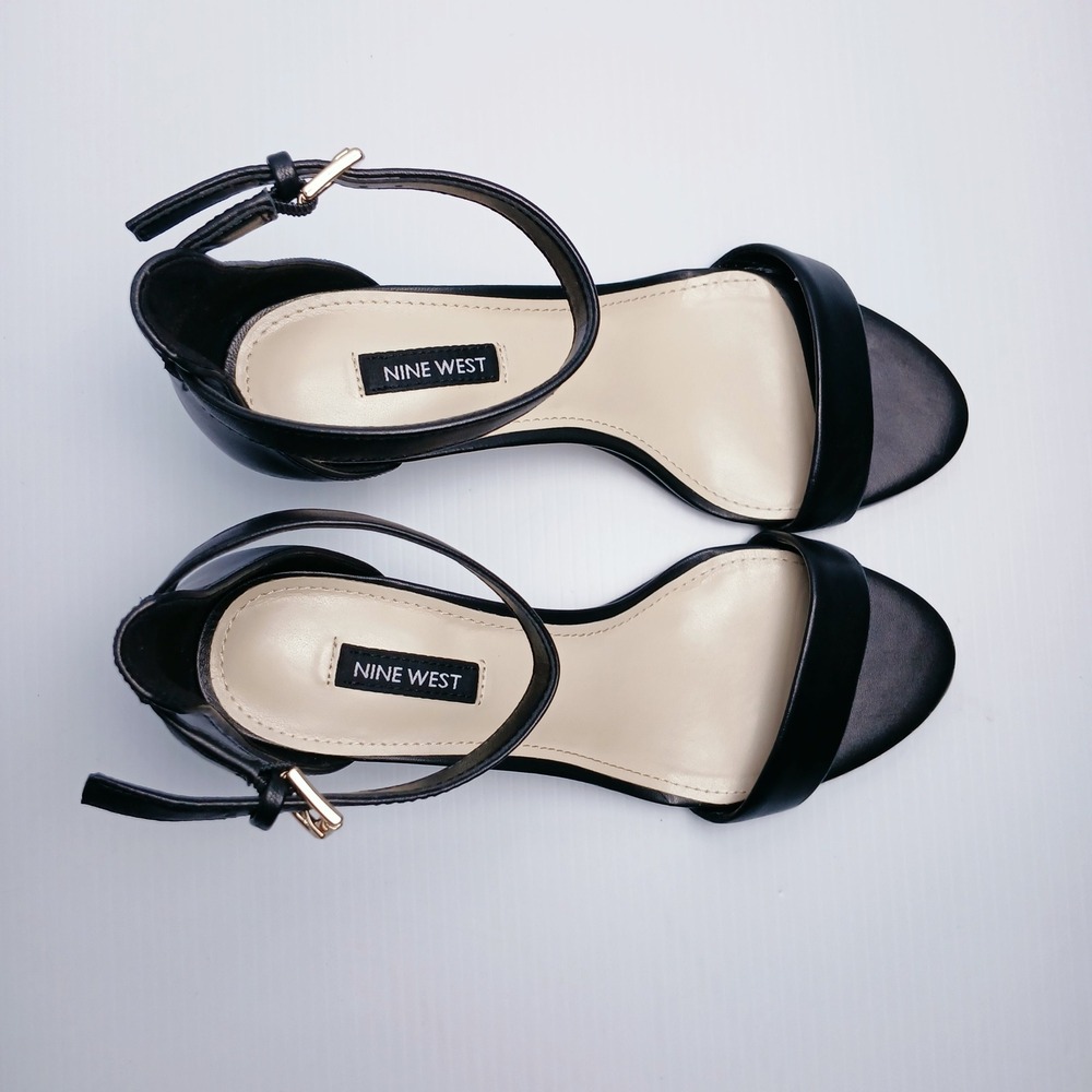 Nine West Womens Pruce Black Leather Block Heel Ankle Strap Sandals 8.5W - Picture 7 of 12